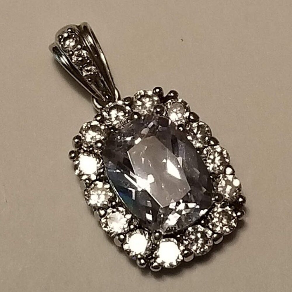 Silver 925 Cz Pendant, Signed, Rectangular Cut, E… - image 1